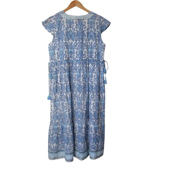 Azure Indigo Blue White Dress Small Blockprint Short Sleeves Tassel Sides Boho - Picture 2 of 11